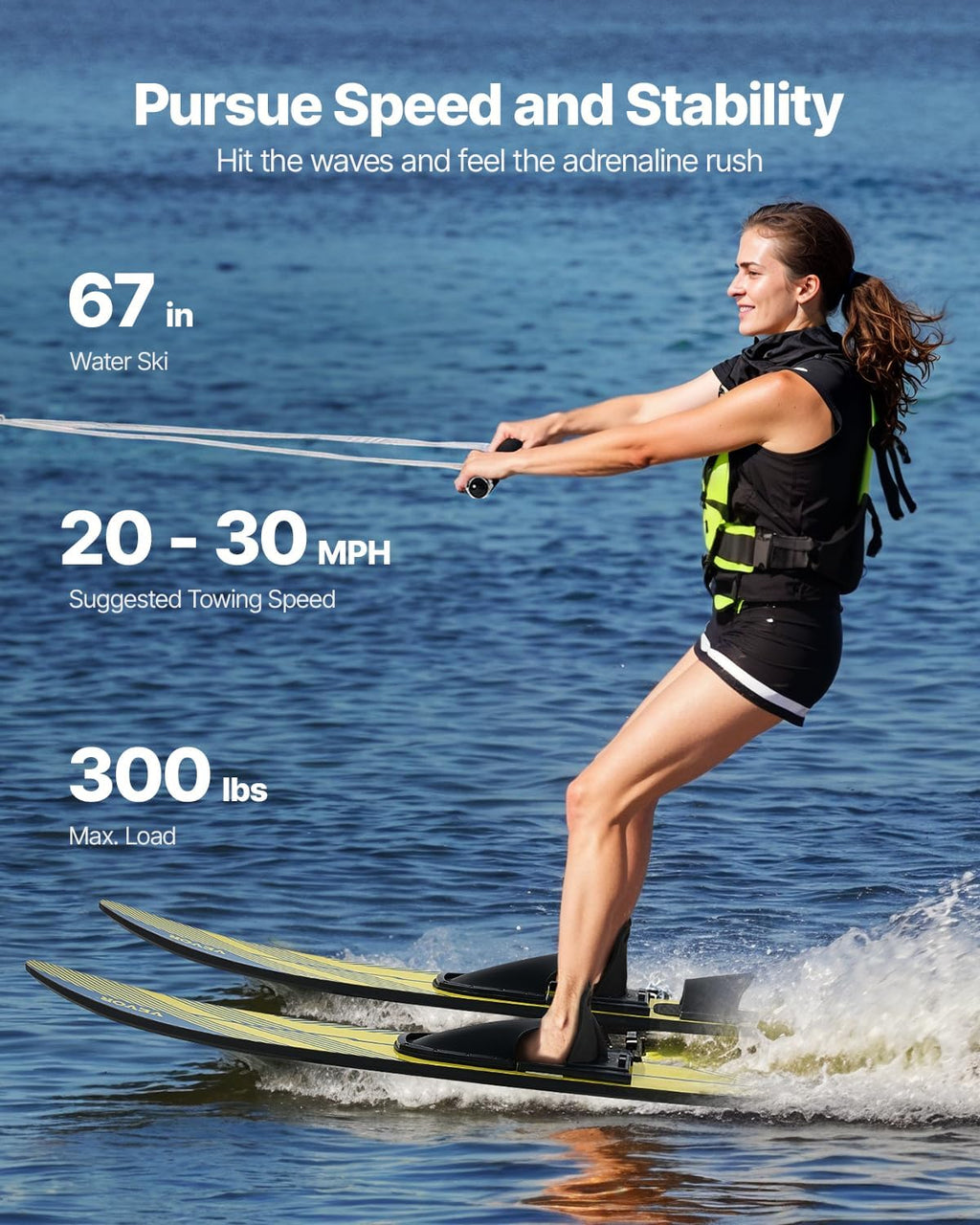Adult Water Ski with Adjustable Horseshoe Bindings & Padded Rear Toe Plate